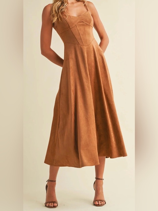 Klesis Dresses & Skirts - Klesis Emma Suede Corset Midi Dress- Camel, NEW, Size Large